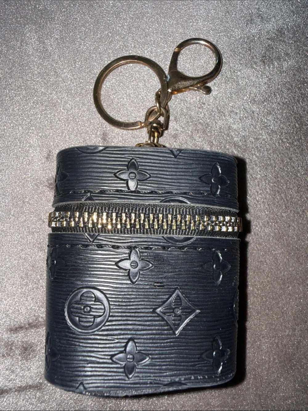 Louis Vuitton Black Embossed Monogram Key Chain & AirPod Holder Gold
